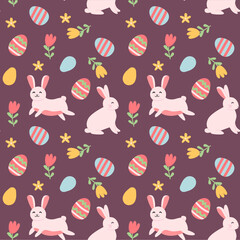 Easter celebration pattern with bunnies and colorful eggs for festive design.