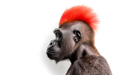Portrait of gorilla monkey with bright vibrant mohawk, side view isolated on white background
