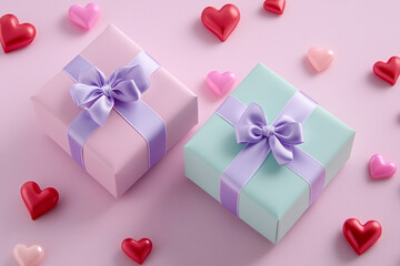 Creative Valentine’s Day flat lay with pastel gifts and heart accents - perfect for romantic promotions or festive designs