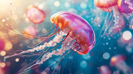 Obraz premium Vibrant Pink Jellyfish Underwater Ocean Life Marine Wildlife Aquatic Scene Bokeh Background