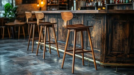 Cozy Wooden Bar Stools in a Rustic Pub or Restaurant Setting with Warm Lighting