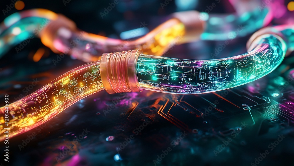 Poster futuristic data flow illuminated fiber optic cables circuit board technology