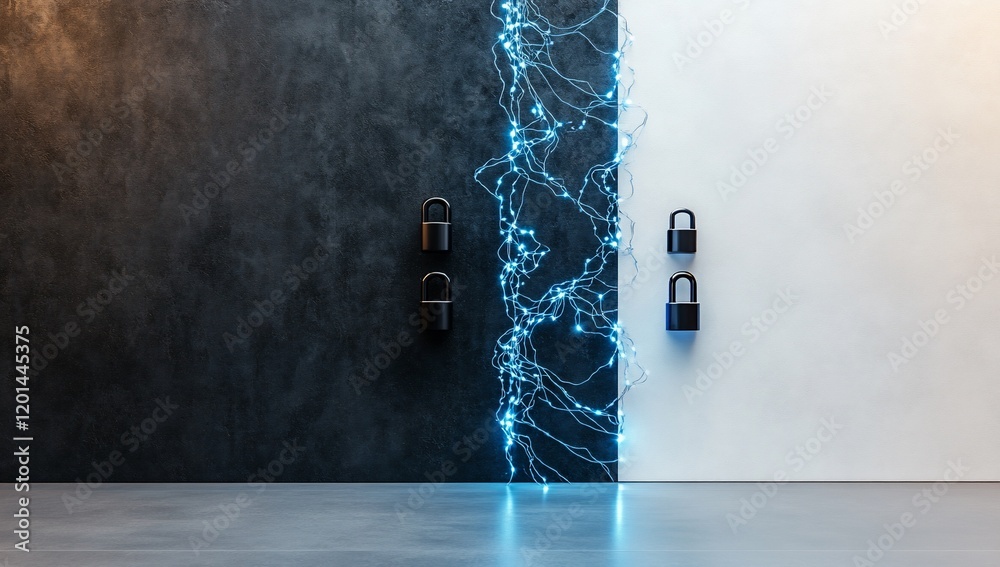 Poster abstract data security concept padlocks glowing network on black white walls