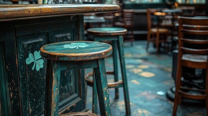 Cozy Wooden Stools in Rustic Irish Cafe with Clover Accents