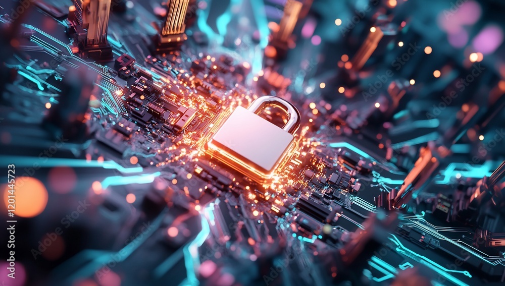 Poster Cybersecurity Concept Padlock on Illuminated Circuit Board Digital Security Data Protection