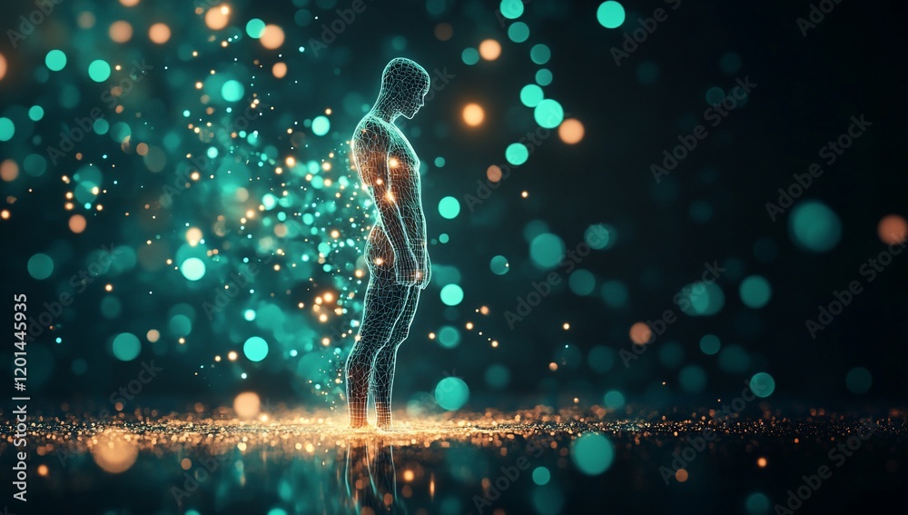 Aufkleber abstract digital human figure in glowing particle field futuristic technology concept