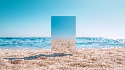 Mirror reflecting sky and ocean on sandy beach under clear sunlight, minimalistic abstract composition with natural colors and textures