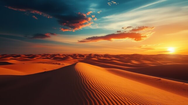 Majestic sunset over rolling sand dunes in a vast desert landscape at dusk