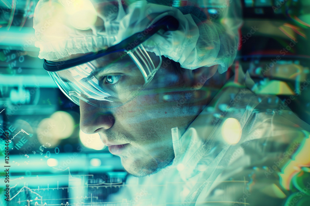 Poster a double exposure image of a worker in laboratory generative ai