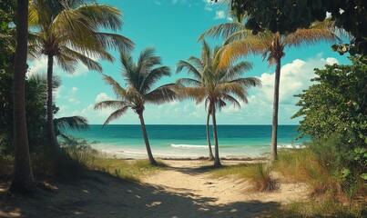 A serene sandy tropical beach with palm trees swaying gently in the breeze and a turquoise ocean stretching into the horizon, water, tree, scenery