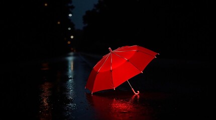 Red Umbrella Lying on the Road at Night in the Rain - Generative AI
