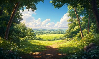 A serene view of a lush green forest with a sunlit clearing in the distance, creating a natural pathway towards an open meadow under a bright blue sky