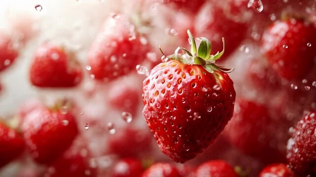 Red strawberries are dramatically suspended in mid-air, surrounded by a fine mist of water droplets. This captivating moment captures the freshness and vibrancy, showcasing the beauty of fruit.