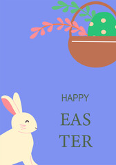 Happy easter design with bunny and decorated egg basket for festive celebrations.