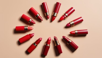 Obraz premium Red lipstick on a pink pastel background, a beauty and cosmetic object showcasing glamour and style