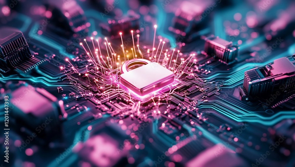 Poster Secure Cyber Data Protection Padlock on Circuit Board Digital Security Concept