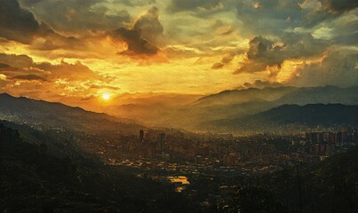 Cityscape view of Medellin during golden hour in the mountains