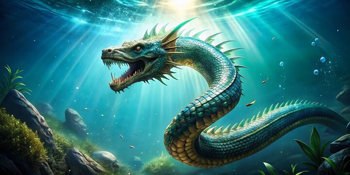 Realistic Underwater Serpent, Majestic Sea Creature, Ocean Depth, Mythical Beast, Aquatic Reptile Stock Photo