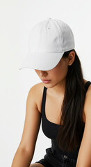 Naklejka premium Young woman with long dark hair wearing a plain white baseball cap, wearing sleeveless. She is looking down with plain background