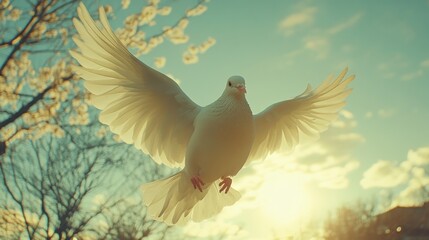 Obraz premium White dove in flight against a sunset sky, with blooming trees.