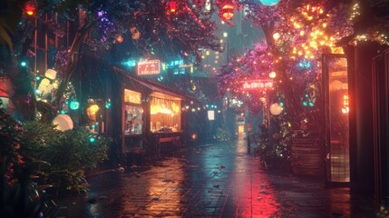 Nighttime market street filled with colorful lanterns and vibrant lights in an urban setting