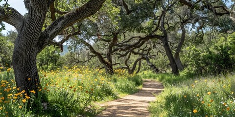 Fototapeta premium A serene pathway through a lush, flower-filled landscape with trees arching overhead.