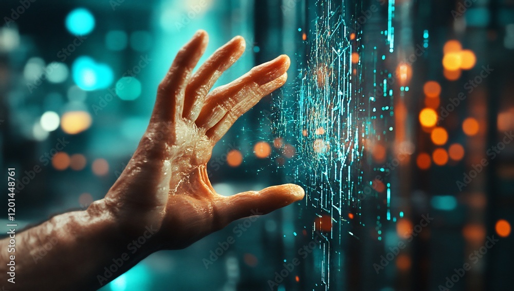 Poster futuristic hand interacting with holographic digital interface technological innovation