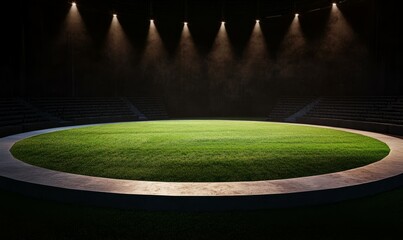 Obraz premium A circular stage with green grass and a concrete base illuminated by spotlights in a dark arena with stadium seating.