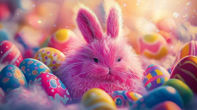 Niedlicher flauschiger rosa Osterhase liegt entspannt zwischen bunten Ostereiern auf hellem Untergrund. Dekoratives Arrangement f&uuml;r Ostern mit s&uuml;&szlig;em Hasen und farbenfrohen Ostereiern