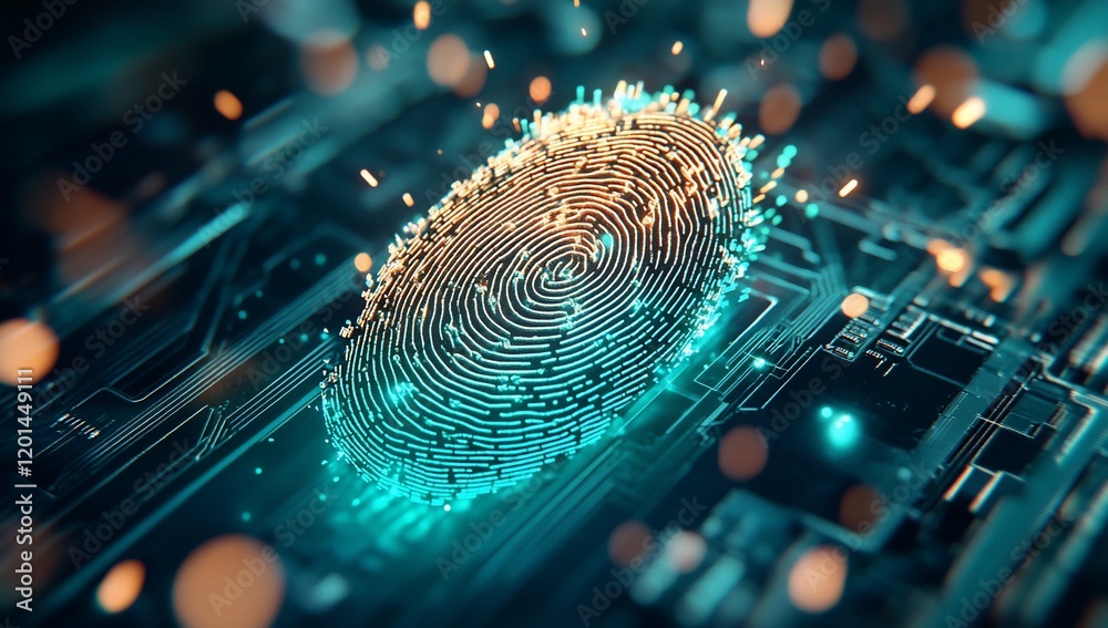 Poster futuristic fingerprint biometric security system on circuit board