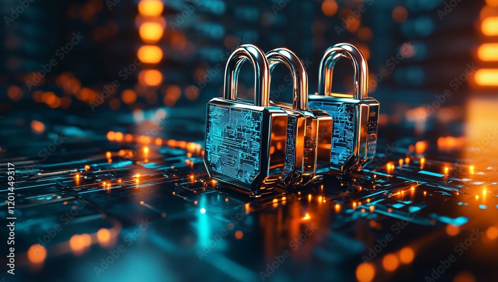 Poster futuristic digital padlocks on circuit board cyber security concept