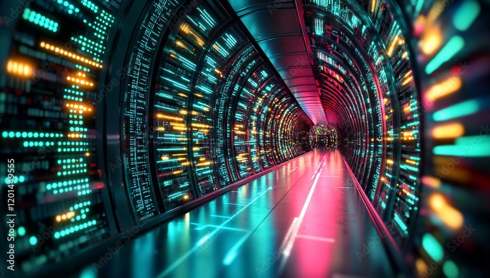 Poster Futuristic Data Center Corridor Illuminated Server Tunnel with Neon Lights and Digital Data Streams