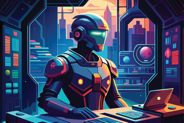 A futuristic robot working on a computer desk overlooking a city skyline vector illustration