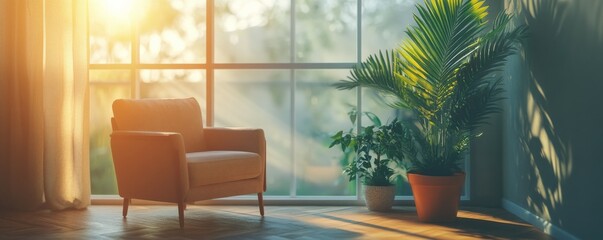 Cozy sunlit corner with armchair and potted plant by large window.