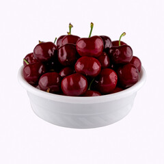 cherry on a plate/bowl on a white background, sweet cherry, large juicy cherry, red
