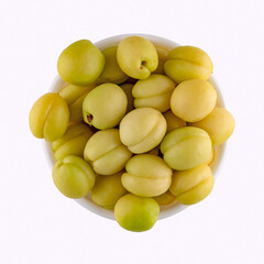 green apricots on white background, juicy apricots, object photo of green yellow apricots, 
top view