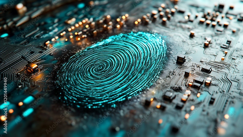 Poster abstract fingerprint on futuristic circuit board cybersecurity biometric technology concept