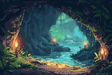 Fototapeta premium A serene pixel art cave scene with glowing lanterns and lush greenery by a tranquil waterway.
