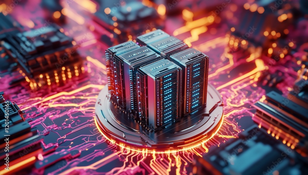 Poster Futuristic Server Cluster on Glowing Circuit Board Digital Data Center Technology