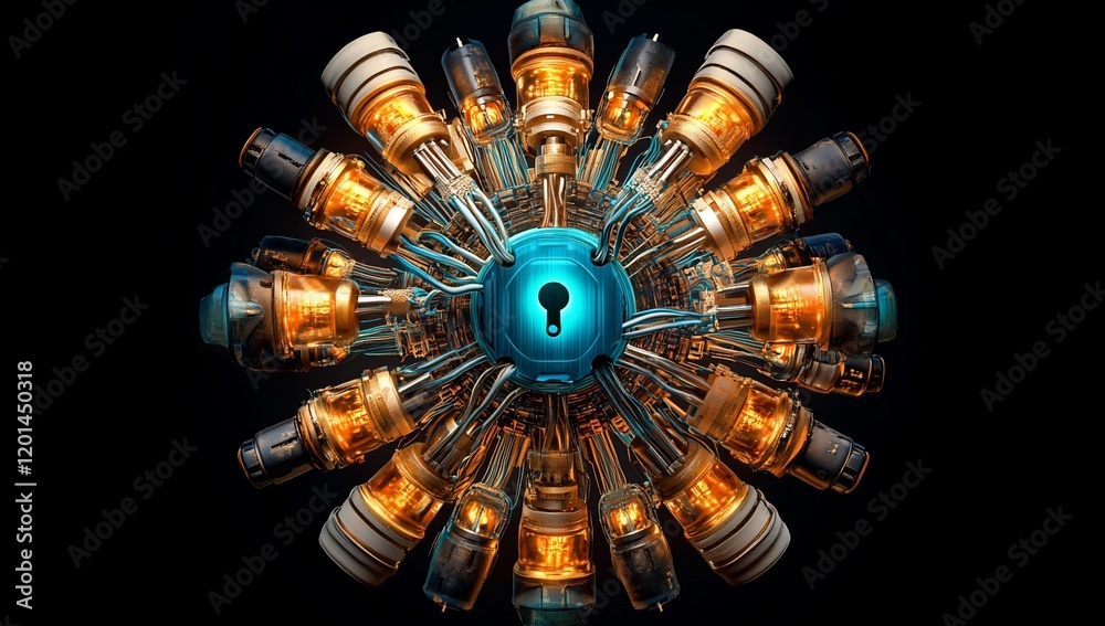 Poster Futuristic Cyber Security System Abstract Technology Lock with Glowing Tubes and Circuits