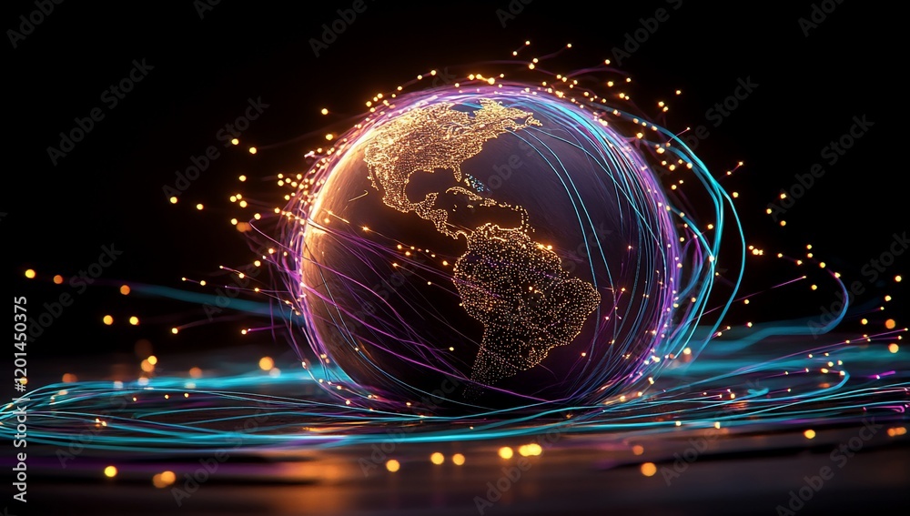 Aufkleber Global Network Illuminated Earth with Digital Connections and Data Streams
