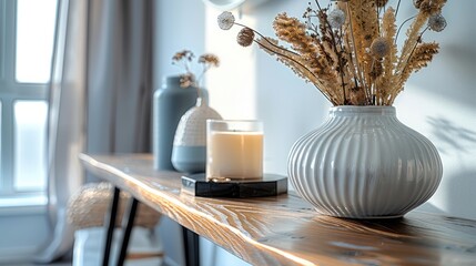 A modern interior entryway, emphasizing a sleek console table with a glossy finish. a stylish arrangement of decorative items, including a geometric vase with dried flowers, a chic candle, and keys.
