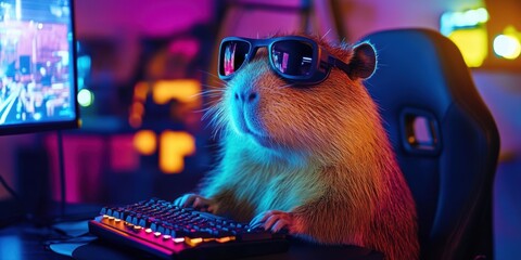 Capybara wearing sunglasses sits at a gaming setup with colorful lights at night