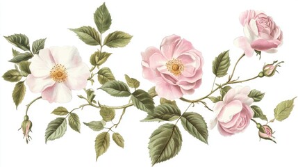 Vintage illustration of blooming peach roses with detailed leaves and buds. The composition highlights timeless floral elegance and natural beauty. Generative AI.