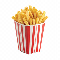 abstract 3d crispy French fries in striped container or red bucket isolated on white background