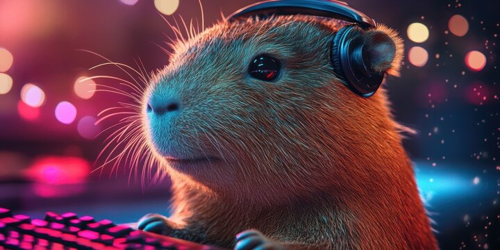 Capybara wearing headphones and interacting with a keyboard in a colorful gaming environment at night