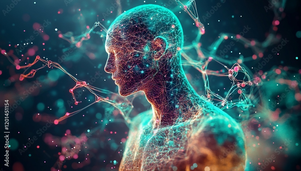Poster abstract human form digital neural network connectivity and technology concept