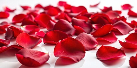 Fototapeta premium Red Rose Petals Scattered on White Background - Top View Stock Photo
