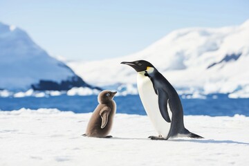 Gentoo penguin chick interacts with parent at Petermann Island, Antarctic Peninsula on a bright day