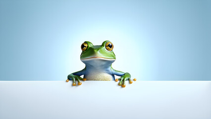 Frog looking over a counter with a vibrant background in a studio setting